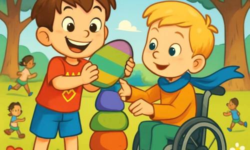Un niño de 8 años, llamado Mario, con cabello castaño desordenado y ojos brillantes de curiosidad, sonríe alegremente mientras sostiene una gran piedra colorida. Lleva una camiseta roja con un diseño de superhéroe y un short azul. A su lado, su amigo Leo, también de 8 años, está sentado en una silla de ruedas. Leo tiene cabello rubio y lleva una bufanda azul que ondea ligeramente al viento. Mira a Mario con una sonrisa cálida, listo para ayudarlo a colocar la piedra en una torre que están construyendo juntos. El lugar es un parque verde, lleno de árboles majestuosos y flores coloridas, con un cielo azul brillante y algunas nubes blancas esponjosas. Los niños juegan a su alrededor, pero Mario y Leo se concentran en su construcción. La situación principal muestra a Mario y Leo colaborando alegremente para apilar piedras, ilustrando el espíritu de equipo y la amistad. Mario, con una expresión decidida y entusiasta, ayuda a Leo a alcanzar la piedra más alta, mientras Leo, con una mirada concentrada, se prepara para colocarla en la cima de su torre.