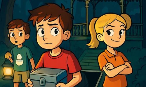 Um garoto de 12 anos, Tomás, com cabelos castanhos bagunçados e olhos brilhantes de curiosidade, está no centro da cena, com uma expressão determinada e ligeiramente preocupada. Ele usa uma camiseta vermelha e um short azul, segurando uma caixinha de música de metal, pronto para abri-la. Ao seu lado, Inês, uma garota de 12 anos com cabelos loiros presos em um rabo de cavalo e um olhar destemido, observa atentamente a floresta escura ao redor, com os braços cruzados e um sorriso confiante. Um pouco afastado, Duarte, um garoto de 12 anos com um boneco de neve na camiseta, olha ao redor com uma expressão hesitante, segurando uma lanterna que ilumina fracamente o caminho. O cenário é uma floresta densa, com árvores majestosas e folhas verdes, criando uma atmosfera misteriosa. A luz da lua filtra pelas branches, projetando sombras dançantes no chão coberto de folhas secas. A situação principal mostra Tomás, Inês e Duarte diante de um velho coreto de madeira coberto de musgo, com um alçapão aberto que revela escadas escuras levando a um lugar desconhecido. Uma leve brisa faz as folhas tremularem, acrescentando um toque de angústia ao ambiente, enquanto o silêncio opressivo da noite os envolve, criando um sentimento de suspense e aventura.