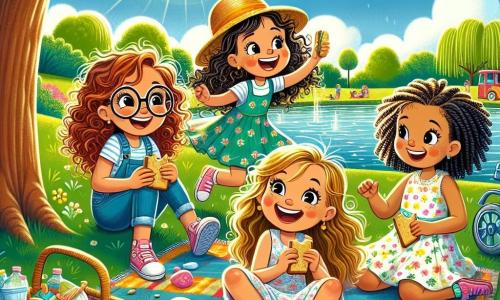 Cuatro niñas alegres, de unos 10 años, están en un parque soleado. Marta, con cabello rizado y una gran sonrisa, está sentada sobre una manta colorida, sosteniendo un sándwich en sus manos. A su lado, Sofía, con grandes gafas redondas y un sombrero de paja, ríe mientras lanza una pelota amarilla a sus amigas. Elena, con cabello liso y un vestido de flores, recoge piedras brillantes cerca del lago, mientras Carla, en su silla de ruedas azul, sonríe mirando a sus amigas jugar. El parque es verde, con grandes árboles que ofrecen sombra y un lago brillante cerca. El cielo es de un azul intenso, salpicado de algunas nubes blancas. Las niñas disfrutan de un picnic, rodeadas de risas y juegos, creando recuerdos inolvidables bajo el sol de verano.