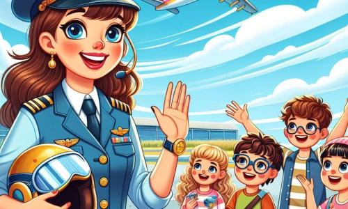 O pilotă pe nume Ana, zâmbitoare și plină de entuziasm, poartă o uniformă albastră cu nasturi aurii strălucitori. Părul ei brun este prins într-o coadă de cal îngrijită, iar ea ține o cască cu microfon, pregătită să împărtășească aventura ei. Lângă ea, un grup de patru copii, două fete și doi băieți, cu vârste între 7 și 8 ani, privesc cu ochii mari. Prima fată, cu părul blond și creț, ridică mâna cu entuziasm, în timp ce băiatul cu ochelari, având părul castaniu, ține un mic model de avion. Scena se desfășoară pe pista unui aeroport însorit, cu un avion mare colorat în fundal, înconjurat de nori albi și cer albastru strălucitor. Copiii sunt adunați în jurul Anei, ascultând cu atenție poveștile ei de pilot. Ana le explică copiilor ce înseamnă să fii pilot, cu gesturi animate și un zâmbet radiant, în timp ce ei visează să zboare în ceruri.