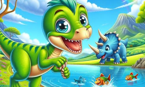 Un vélociraptor felice di nome Rappy, con piume verdi brillanti e occhi curiosi, corre entusiasta lungo un lago blu scintillante. Accanto a lui, un triceratopo di nome Trixie, con pelle marrone e tre corna sulla testa, osserva il lago meravigliato. Un brontosauro di nome Bruno, grande e maestoso con un lungo collo blu, si piega per ammirare i pesci che saltano fuori dall'acqua. Il paesaggio è una vasta pianura verde con fiori colorati e alberi maestosi, sotto un cielo blu chiaro. Rappy e i suoi amici si divertono vicino al lago, giocando con i pesci e creando un'atmosfera gioiosa.