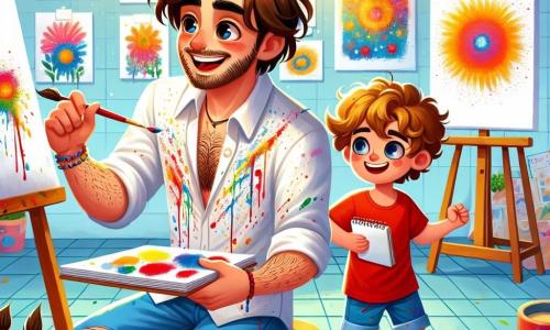 Un hombre, Manuel, está en el centro de la imagen, con una amplia sonrisa que irradia alegría y entusiasmo. Tiene el cabello castaño desordenado, una barba bien cuidada y lleva una camisa blanca brillante, cubierta de manchas de pintura colorida. Está pintando con un gran pincel, sus ojos brillando de creatividad. A su lado, un niño de 10 años llamado Lucas observa con asombro. Tiene el cabello rizado y ojos llenos de curiosidad. Lucas lleva una camiseta roja y un short azul, sosteniendo un pequeño cuaderno de bocetos en sus manos, listo para capturar la inspiración. El lugar es un estudio de arte luminoso, lleno de lienzos blancos, botes de pintura vibrante y pinceles de todos tamaños. Las paredes están decoradas con pinturas vibrantes, creando una atmósfera cálida e inspiradora. La escena principal muestra a Manuel y Lucas en plena creación, rodeados de colores brillantes, mientras comparten un momento de complicidad artística, transformando un simple espacio en un verdadero festival de creatividad.