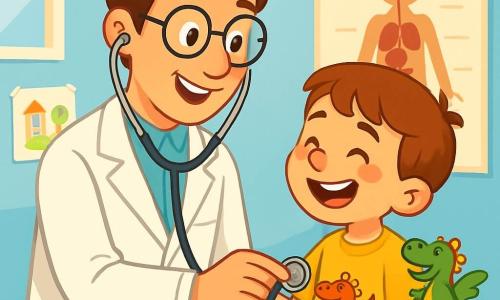 Un hombre, el doctor Lucas, sonriente y cálido, con cabello castaño y gafas redondas, lleva una bata blanca. Está examinando a un niño de siete años, Martín, que tiene la nariz roja y una amplia sonrisa, sentado en una mesa de examen. Martín sostiene una pequeña figura en forma de dragón en su mano, mirando al doctor con admiración. El lugar es una clínica luminosa y acogedora, con paredes pintadas de azul cielo, dibujos de niños colgados en las paredes y juguetes coloridos esparcidos por el suelo. La escena transcurre en la sala de examen, donde un gran cartel que ilustra el cuerpo humano está colgado detrás de ellos. La situación principal muestra al doctor Lucas escuchando el corazón de Martín con un estetoscopio, mientras el niño ríe, ilustrando la alegría y la confianza en esta interacción.