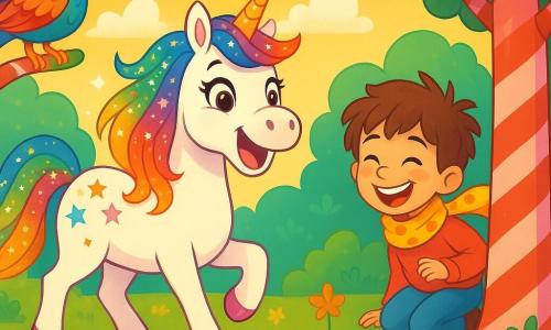 Una unicornio de colores brillantes, con una melena brillante de mil estrellas, se encuentra alegremente en el centro de la imagen. Sus grandes ojos chispeantes expresan una alegría contagiosa mientras ríe, rodeada de nubes esponjosas. A su derecha, un niño de 8 años, Nico, lleva una bufanda amarilla con puntos que vuela al viento. Tiene una sonrisa traviesa y el cabello desordenado, y se agacha para esconderse detrás de un árbol de caramelo. A la izquierda, un dragón de plumas coloridas, con ojos curiosos, observa la escena, listo para volar. Está posado en una rama de un árbol de caramelo, sus plumas brillando bajo el sol poniente. El escenario es un bosque encantado, donde los troncos de los árboles parecen dulces gigantes y el suelo está cubierto de flores multicolores que bailan al ritmo del viento. La situación principal muestra a la unicornio y a Nico jugando al escondite, con Nico riendo a carcajadas mientras intenta esconderse detrás del árbol de caramelo, mientras la unicornio, llena de energía, se prepara para buscarlo.