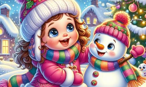 A one-year-old girl with bright big eyes and curly hair sits in the snow, a big smile on her amazed face. She wears a bright pink coat and a wool hat with pom-poms. Next to her is an adorable snowman, Mr. Frosty, with a carrot nose and a big smile, joyfully dancing with his branch arms wide open. The setting is a magical Christmas night, with snowflakes gently falling, twinkling lights on the surrounding houses, and a large decorated tree in the background, casting a warm golden glow. In this scene, the little girl and Mr. Frosty are having fun in the snow, sharing a joyful moment as they help a little bird warm up with a colorful scarf, creating a warm and festive atmosphere.