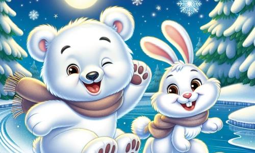Flocoșilă, un urs polar adorabil cu blană albă și pufoasă, cu un aspect curios și entuziast, alunecă pe un lac înghețat, râzând și bucurându-se de iarnă. Vifor, un iepure alb cu urechi lungi și blană pufoasă, sare vesel alături de el, având ochii strălucitori de bucurie și un zâmbet larg. În fundal, un peisaj de iarnă magic, cu copaci acoperiți de zăpadă strălucitoare, un cer albastru limpede și soarele strălucind, creează o atmosferă de poveste. Cei doi prieteni se distrează pe gheață, lăsând urme de labe și linii jucăușe în zăpadă, în timp ce fulgii de zăpadă cad ușor din cer, adăugând magie scenei.