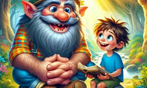 Un troll amichevole di nome Trullo, con un viso largo e sorridente, occhi rotondi e brillanti, e una lunga barba folta, è seduto su una grossa pietra in un parco verdeggiante. Indossa una camicia a quadri colorata e un cappello di paglia, e guarda con benevolenza un giovane ragazzo di otto anni di nome Leo, che ha i capelli arruffati e un sorriso entusiasta. Leo, vestito con una maglietta blu e pantaloni corti, tiene un libro antico tra le mani, gli occhi scintillanti di eccitazione mentre ascolta attentamente Trullo. Il parco è un luogo magico, con alberi maestosi dalle foglie brillanti, fiori colorati che danzano al vento e una dolce luce dorata che filtra tra i rami. In lontananza, una cascata scintillante crea un dolce mormorio, aggiungendo all'atmosfera incantata. La scena principale mostra Leo e Trullo in piena discussione, pianificando la loro prossima avventura per trovare un ciondolo magico nascosto in una grotta dietro la cascata, circondati dalla bellezza naturale del parco.