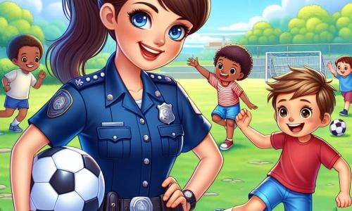 Una giovane poliziotta, Sara, è al centro dell'immagine. È una donna sorridente, con una uniforme blu scuro che brilla al sole. I suoi capelli castani sono raccolti in una coda di cavallo e ha occhi scintillanti di gioia. Sta raccogliendo un pallone da calcio, sorridente e amichevole, circondata da un'aura di fiducia. Accanto a lei, un ragazzo di nome Luca, di circa 8 anni, la guarda con ammirazione. Ha capelli biondi disordinati e indossa una maglietta rossa con pantaloni corti blu. È in piedi, con le braccia incrociate e un grande sorriso sul volto, mostrando il suo entusiasmo. Sullo sfondo, un gruppo di quattro bambini gioca felicemente a calcio in un parco verde, con alberi frondosi e fiori colorati che aggiungono vita alla scena. Il cielo è di un blu brillante, punteggiato da alcune nuvole bianche e soffici. La scena principale mostra Sara, la poliziotta, mentre restituisce il pallone ai bambini, illustrando l'importanza della collaborazione e della sicurezza, creando un momento di gioia e cameratismo.