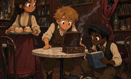 Tre bambini in un caffè d'epoca (fine XIX secolo): Loyal, ragazzo 12 anni, capelli castano chiaro scompigliati, occhi curiosi, camicia semplice, gilet e pantaloni pratici, è al centro chino su una piccola valigia-cuore in cuoio aperta sulla tavola e mostra un gettone di ottone; Ada, ragazza 12 anni, capelli castani raccolti in una treccia sciolta, sorriso malizioso, gonna lunga e stivaletti retrò, sta a sinistra con una mano su un vassoio di pasticcini intatti; Nico, ragazzo 13 anni, capelli neri corti, berretto stropicciato e gilet, è a destra accovacciato vicino a una cassa mentre tiene un quaderno blu con schizzi della valigia. Interno grafico: alti soffitti, lampade a gas con fiamme giallo-arancio, tavoli in marmo bianco, sedie in legno scuro, scaffali di libri impolverati, bancone lucidato e insegna dorata “Caffè Luminaria”; una piccola fumée sale dalla tovaglia vicino a una lampada. Situazione: i tre, travestiti, hanno appena materializzato la loro macchina del tempo a forma di valigia sul tavolo; scena tesa ma dolce, clienti sullo sfondo sorpresi; palette calda (marroni, ocra, rossi tenui) e stile da cartone anni ’90 con contorni netti e leggermente spessi.