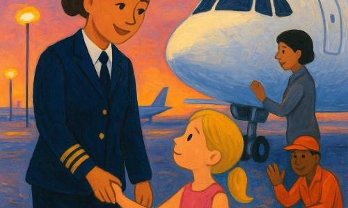 Eine etwa 35-jährige Pilotin, lächelnd und beruhigend, braunes zurückgebundenes Haar, dunkelblaue Kapitänsjacke, steht neben einem großen weißen glänzenden Flugzeug und hält die Hand eines etwa 6-jährigen Mädchens mit blonden Zöpfchen und rosa Kleid; warmes Gesicht, sanfte Augen, schützende Haltung, das Mädchen neugierig und schüchtern, staunender Blick. Im Hintergrund eine etwa 30-jährige Co-Pilotin mit kurzem Haar in grauer Uniform neben dem Cockpit, konzentriert und lächelnd, sie blickt auf beleuchtete Instrumente. Ein etwa 40-jähriger Mechaniker in orangefarbener Kombi und Mütze hockt am Fahrwerk und winkt der Pilotin. Flughafen bei Dämmerung: glänzende Startbahn, sanfte gelbe Laternen, rosa-blauer Himmel, Flugzeuge in Reihe, sichtbare Reifenspuren und Spiegelungen. Hauptszene: die Pilotin beruhigt das Mädchen vor dem Start, Hand in Hand vor beleuchtetem Flugzeug, ruhige sichere Atmosphäre, warme Farben, klare Kontraste, einfache runde Formen kindgerecht.