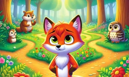 Ein junger Fuchs mit leuchtend rotem Fell und neugierigen, glänzenden Augen steht entschlossen und etwas besorgt im Zentrum einer sonnigen Lichtung. Er blickt aufmerksam auf die drei Wege vor ihm, die von bunten Blumen und üppigen Sträuchern gesäumt sind. Rechts von ihm sitzt eine weise Eule mit braun-weißen Federn auf einem Ast und beobachtet ihn ermutigend, bereit, Ratschläge zu geben. Links steht eine Gruppe kleiner Tiere, darunter ein funkeläugiges Eichhörnchen und ein stacheliger Igel, die ihn bewundernd und unterstützend anblicken. Die Lichtung ist von majestätischen Bäumen mit dicken Stämmen umgeben, deren Blätter sanft im Wind tanzen und eine magische Atmosphäre schaffen. Luke, der Fuchs, zögert zwischen den Wegen, bereit, seinen Pfad zu wählen, um den wertvollen Schlüssel zum Wald zu finden.