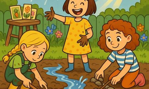 Są trzy dziewczynki: Zosia (8 lat) — blond w warkoczu, zielny ogrodniczek zabrudzony ziemią, po lewej, kucająca z małą drewnianą łopatką i skoncentrowana na kopaniu kanałów; Ania (8 lat) — krótkie brązowe włosy, żółta sukienka w kropki, na środku, stojąca, śmiejąca się i pokazująca dużą kałużę, jedna ręka wskazuje nurt, druga umazana błotem; Hania (8 lat) — rude kręcone włosy, pasiasty niebiesko-biały t-shirt, po prawej, klęcząca, układająca kamyki i patyki w kanał, zdeterminowana i uśmiechnięta. Miejsce: mały podmiejski ogródek po ulewie — błotnista ziemia, duże kałuże, rabatka z kępkami trawy i kolorowymi kwiatami, kilka paczek nasion na starym stołku, częściowo zachmurzone niebo z przebijającym słońcem. Sytuacja: dziewczynki budują prowizoryczne kanały odpływowe w błocie, by uratować nasiona — woda płynie małymi strumykami między grządkami, są pluski, żywe gesty, wyraz wyzwania i radości, dynamiczna i optymistyczna atmosfera.