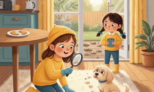 A 4-year-old girl with a round face and freckles, curious bright eyes and a concentrated, joyful expression, wearing a small hat, yellow boots and soft gloves, kneels and follows a trail of crumbs with a magnifying glass; a secondary girl, Nora, about 4 with brown pigtails and a blue ribbon, stands at the garden door looking shy and relieved while holding a small box of crumbs; a small fluffy cream dog, Pip, with floppy ears wags its tail, muzzle full of crumbs, sitting on the rug in front of the couch; warm kitchen-living room in soft morning light, round wooden table with a plate of cookies, plush rug with crumb prints, open patio door to a muddy garden with little footprints; budding detective scene, calm and curious, warm acrylic-paint colors and textures in yellows, blues and browns with soft brushstrokes and childlike details.