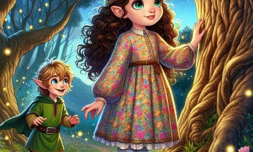 Ein 10-jähriges Mädchen, Mia, mit großen braunen Locken und neugierigen funkelnden Augen, steht im Mittelpunkt des Bildes, ein bewunderndes Lächeln auf dem Gesicht. Sie trägt ein buntes Kleid mit Blumenmotiven und Gummistiefel und berührt einen großen alten Baum, ihre zarten Hände auf der rauen Rinde. Neben ihr steht ein kleiner Junge, Finn, ein 8-jähriger Elf mit spitzen Ohren und zerzausten blonden Haaren, der schelmisch lächelt. Er trägt eine grüne Tunika und Lederhosen und macht eine einladende Geste in Richtung des magischen Weges, der sich vor ihnen erstreckt. Die Szenerie ist eine verzauberte Lichtung, umgeben von großen, knorrigen Bäumen mit leuchtend bunten Blättern. Glühwürmchen funkeln in der Luft und erhellen die Szene mit einem sanften goldenen Licht, während ein nahegelegener Bach leise murmelt und der Atmosphäre einen Hauch von Magie verleiht. Die Hauptsituation zeigt Mia und Finn, die sich darauf vorbereiten, den geheimnisvollen Weg zu betreten, der sie ins Abenteuer führen wird, mit einem Ausdruck von Aufregung und Entschlossenheit auf ihren Gesichtern, bereit, die Geheimnisse der magischen Welt um sie herum zu entdecken.