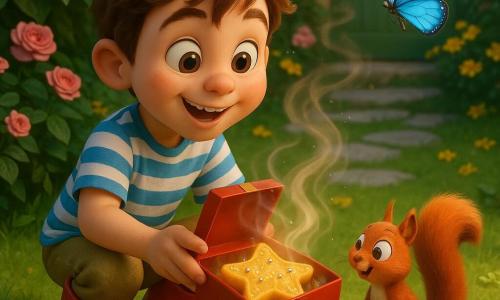 A 6-year-old boy with big brown eyes and tousled light-brown hair, wearing a blue-and-white striped t-shirt, khaki pants and red rain boots, crouches smiling in a sunny garden as he opens a small shiny red box that reveals a star-shaped cake dusted with yellow sugar and silver beads, a faint steam and a sweet-spicy scent rising; a small red squirrel on its hind legs watches a few steps away, an electric-blue butterfly hovers above, and the scene—dense green grass, a gray stone path, a dark-leafed bush, beds of pink roses and yellow daisies, and a green-painted back door—conveys gentle, secure wonder.