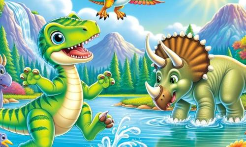 Ein Velociraptor namens Rafi mit leuchtend grünen Federn und einem großen, fröhlichen Lächeln steht am Ufer eines wunderschönen Sees und springt begeistert ins Wasser. Neben ihm schaut seine beste Freundin Tina, ein Triceratops mit drei funkelnden Hörnern und beiger Haut, bewundernd zu und ist bereit, ihm beim Spaß beizutreten. Max, ein großer Brachiosaurus mit langem Hals, steht etwas weiter hinten und trinkt zufrieden Wasser, während ein kleiner Pterosaurier namens Piko fröhlich über ihnen fliegt, seine bunten Flügel im Sonnenlicht leuchtend. Die Szenerie zeigt eine bezaubernde Landschaft mit majestätischen Bergen im Hintergrund, bunten Blumen am Ufer des Sees und einem blauen Himmel, der mit flauschigen weißen Wolken gesprenkelt ist. Die Hauptsituation zeigt Rafi und seine Freunde, die zusammen Spaß haben und ihre Freundschaft sowie ihr neues Zuhause am See feiern, erfüllt von Freude und Abenteuer.
