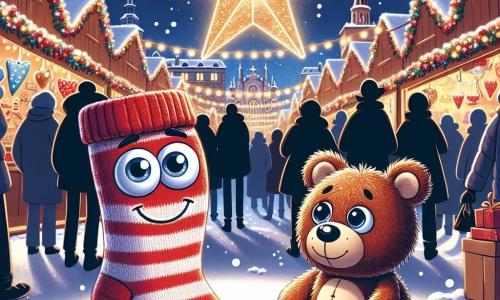 Un pequeño calcetín llamado Rodolfo, con ojos brillantes y una gran sonrisa, se encuentra en el centro de la escena, deslumbrado por las luces brillantes del mercado navideño. Es rojo con rayas blancas y parece decidido, deslizándose entre los pies de los transeúntes. A su lado, un adorable osito de peluche, con pelaje marrón y ojos de botón, mira a Rodolfo con una expresión triste, con los brazos extendidos hacia él, como si necesitara ayuda. En el fondo, una estrella de Navidad de plástico, brillante y colorida, flota sobre ellos, iluminando la escena con un resplandor cálido y alegre. El mercado navideño está animado, lleno de puestos decorados con guirnaldas luminosas, vendedores sonrientes y familias riendo juntas, mientras la nieve cae suavemente, cubriendo el suelo con un manto blanco. La situación principal muestra a Rodolfo y al osito unidos en su búsqueda para encontrar su camino, rodeados por el espíritu festivo de Navidad, compartiendo un momento de camaradería y ayuda en medio de la magia de las fiestas.
