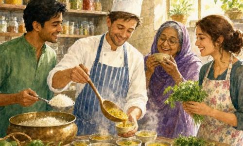 Een glimlachende en serene Chef Sam met kort bruin haar, hoge witte koksmuts en blauw-wit gestreept schort schenkt met een houten lepel een goudgele milde curry in kleine keramische kommetjes; links staat Amir (±30) met vriendelijk gelaat, gebruinde huid en groene blouse die rijst opschept en Sam bewondert; rechts staat Mia (±28) met kastanjebruin paardenstaart en bloemen schort die een bosje verse koriander brengt; iets op de achtergrond een vrouw van ±50 met paarse sjaal en ronde bril houdt een kommetje klaar om te proeven. De scène speelt zich af in een gezellig groot kookhuis met lichte bakstenen muren, houten schappen vol kruidenpotjes, manden met verse groenten, gouden licht door een grote raam en een geaderde houten tafel in het midden; het is een warm, gezamenlijk moment met opwaaiende stoom, verraste blije gezichten en pastel- en aquarelachtige tinten.