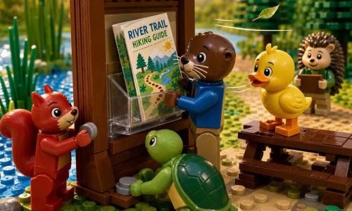 A young anthropomorphic otter (small LEGO otter), glossy brown fur, large round eyes and fine whiskers, gentle focused expression, delicately holding a small colorful paper and sliding it into a clear pocket on a wooden information board; a small red squirrel (LEGO squirrel) with a mischievous but attentive face stands left, holding a flat stone to prop the pocket; a yellow duckling (LEGO duckling) with textured feathers on the picnic table to the right, head tilted, gently blowing the paper against the breeze; a calm green turtle (LEGO turtle) with a textured shell placing a flat stone to stabilize the board; a small hedgehog (LEGO hedgehog) standing back on the path with a brown sketchbook, smiling and watching; setting: a lively riverside trail built of bricks with a wooden info board, tall green reed bricks, sparkling blue-plate river, grassy area with white daisies, pale orange summer sky and a few shiny round pebbles at the water’s edge; main situation: friends working together to put a trail guide into the board pocket against a light breeze—warm, teamwork-focused summer scene.