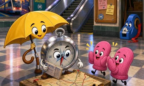 The main character is a small polished anthropomorphic metal compass with a focused, curious expression, a drawn brow and a large reflective glass eye; it holds a notebook made of folded subway tickets and points a tiny needle to the floor as if marking a clue. A second character is a friendly yellow anthropomorphic umbrella with a curved wooden handle like an arm, leaning slightly toward the compass and standing just behind and left of it. A third is a pair of joyful pink mittens with bouncy little paws, placed in front of the compass and clapping. A fourth is a shy, regretful blue tape dispenser near a storage alcove with a strip of red tape trailing behind it. The scene is an indoor metro station with a wide checkerboard tiled platform, colorful posters on the wall, a shiny metal escalator rising to a glass door, a wooden notice board with visible pins, soft neon light and floor reflections. The little investigators have just found a rolled, slightly torn map on a dusty crate near the tunnel entrance; composition shows the compass unfolding the map, the umbrella leaning in to look, the mittens applauding and the tape dispenser in the background, with small details like bits of red tape, a pin and a subway ticket and warm contrasting colors.