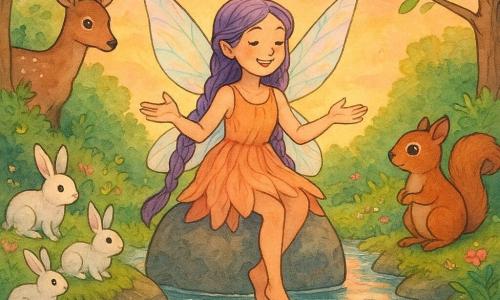 A girl fairy named Lila, joyful and serene, with iridescent translucent wings, long braided purple hair, wearing a light salmon-petal dress, perched on a smooth stone in a clear stream telling a story with open hands and a gentle smile; a small lively male squirrel named Pip, brushed red fur and bright round eyes, sits on the right bank with paws together, listening and facing Lila; a shy spotted brown stag stands behind bushes on the left, ears perked watching; several small white rabbits and colorful birds gathered on nearby stones and branches, still and attentive; setting: a path of polished stones across a crystal-clear stream, banks covered in multicolored flowers and soft green moss, tall textured trees with luminous leaves, pink-and-gold sunset sky reflected in the water; main scene: twilight storytelling session, calm warm atmosphere, soft light on faces, sparkling water bubbles and petals floating on the current.