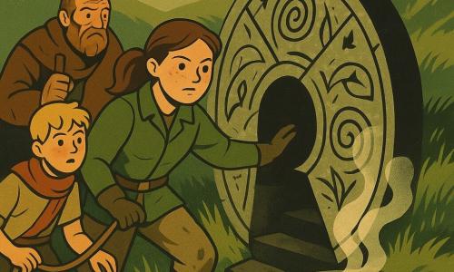 A determined young female explorer with a round freckled face and brown ponytail, wearing a green canvas jacket and muddy trousers, gloved hand on the edge of an ancient stone disc that is being pried up, looking curious but cautious; a nervous yet loyal 12-year-old boy, Ivo, with messy blond hair and a red scarf, holding the rope tied to the woman's waist and watching the open trap behind her from the right; a wary 14-year-old, Senn, injured at the ankle with wet socks and an improvised bandage, clinging to Ivo's shoulder on the left and looking toward the dark opening; an older shepherd, Jor, about 50, wrinkled and bearded in a worn wool coat, sitting or leaning behind them, exhausted but relieved, holding a walking staff; the setting is a bowl-shaped grassy hollow with bright tall grass, milky low fog rising from the stone disc, flat stones engraved with spirals and arrows, and dim late-afternoon light through the mist; the main scene shows the large round stone disc partly lifted with a wooden lever, a black stepped opening descending into a carved tunnel, cold steam rising, and spiral and leaf motifs on the stone — a tense moment of imminent discovery.