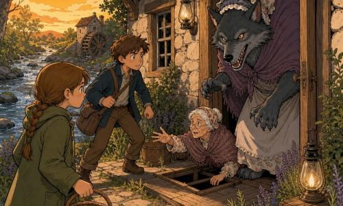 Four characters: Mara, 11, light brown braided hair, olive coat, focused, holding a jam-stained wicker basket, standing front left looking at the cottage door; Jonas, 11, messy brown hair, shoulder bag, anxious but determined, slightly behind Mara to the right, ready to move; Mrs. Alder, ~75, small with white hair in a bun, floral cap and knitted shawl, emerging from a trapdoor near the door, hand out toward the children, aged but brave; a large wolf disguised as an old woman: massive slate-gray fur, piercing yellow eyes, poorly fitting cap and shawl, standing in the cottage doorway with an overly wide grin showing sharp white teeth, body turned toward the children as if about to lunge. Setting: small stone-and-timber cottage by a silvery stream, worn wooden porch, wild herb garden, oil lamps and a distant millstone, warm late-afternoon light casting long shadows. Scene: tense, dynamic confrontation—the wolf blocks the door, children protect the old woman emerging from a trapdoor, spilled baskets and jam droplets on the path, expressions of defiance and fear; warm colors for the humans and cooler, contrasting tones for the wolf, clear and readable for a young audience.