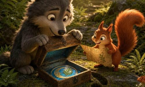A small grey wolf (main character) with fluffy fur and wide amber eyes kneels to open an old weathered wooden box set in a mossy paw-shaped stone hollow; a red squirrel (secondary) with a long bushy tail stands on its hind legs beside him, holding a corner of a crumpled old map and looking at the box excitedly. The paw-shaped stone is covered in green moss and tiny ferns; the box reveals a blue crest with a golden moon and a sparkling green leaf. The setting is a fern-filled forest hollow with sunbeams filtering through branches, dewdrops on leaves, small red mushrooms and a mossy stone path in the background. The main scene is a magical discovery of a family treasure—the box opens and the crest glows; mood joyful and wondrous, warm contrasting colors, soft realistic textures, golden lighting and an intimate adventurous atmosphere.