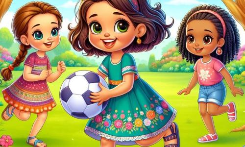 Una ragazza di 7 anni, Sofia, con capelli castani e ricci, un grande sorriso e un entusiasmo contagioso, sta giocando a palla in un parco verde. Indossa un vestito colorato con motivi floreali e sandali. Accanto a lei, la sua migliore amica Giulia, anche lei di 7 anni, con capelli biondi intrecciati e occhi brillanti, ride mentre cerca di prendere la palla. Giulia indossa una maglietta rosa e un pantaloncino di jeans. Un po' più lontano, Aisha, una ragazza di 7 anni con capelli neri e ricci, di origine maghrebina, le osserva con un sorriso timido. Indossa un vestito blu decorato con piccoli fiori bianchi e tiene un piatto di biscotti tradizionali, pronta a condividerli. Il parco è incantevole, con alberi maestosi, fiori colorati e un cielo blu chiaro. La scena principale mostra le tre ragazze che giocano insieme, celebrando la loro amicizia e le differenze culturali che le uniscono, con risate e gesti amichevoli, simbolo di tolleranza e accettazione.
