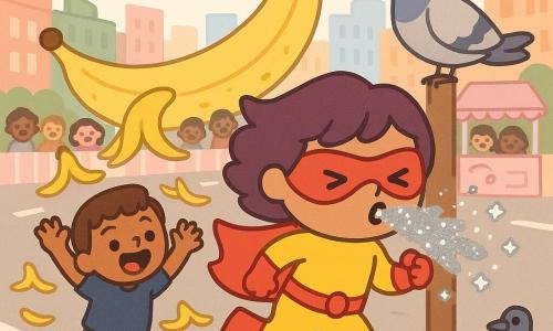 A 25–30-year-old female superhero with a round face, determined smile, short tousled purple hair, bright yellow costume and red cape sneezing a shower of silver glitter as she runs forward; a male pigeon named Dave, pearl-gray with a blue wing spot, perches nearby with a mischievous look and half-open wings; an about-8-year-old brown-haired boy, surprised and laughing, slips on a banana peel in the foreground with arms up; the scene is a city avenue decorated for a parade with colorful bunting, giant fruit balloons, pink candy stalls and pastel buildings; main action: comedic chaos from a runaway banana float scattering yellow peels across the road, the superhero rushes to save the parade with glitter, spectators laugh and slip, bright saturated colors, clean lines and soft outlines.