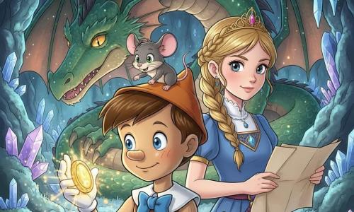 Ein polierter Holzjunge Pinocchio mit sanftem Gesicht und leuchtenden Augen, erstaunt und entschlossen, hält ein funkelndes Amulett, das goldene Partikel aussendet; neben ihm die etwa 12-jährige Prinzessin Leonie mit geflochtenem blondem Haar und kleinem verzierendem Kurzschwert in schützender Pose, stolz blickend; auf Pinocchios Schulter die kleine graue Maus Gino mit wachen Augen, die mit der Pfote auf eine zusammengerollte Karte zeigt; im Hintergrund ein großer wohlwollender Drache mit smaragdgrünen, violett schimmernden Schuppen und sanft geöffneter Schnauze, die warmes Licht ausstrahlt; Schauplatz: die Höhle des Wissens mit blau-violett leuchtenden Kristallen, funkelnden Stalaktiten und silbrigem Moos am Boden; Atmosphäre: magisches kontrastreiches Licht, goldene Amulettreflexe auf den Gesichtern, warme geheimnisvolle Stimmung, Farbpalette grün/blau/gold/violett, nahe Perspektive, zentrierte Komposition im Manga-Stil mit klaren Linien, ausdrucksstarken Augen und detaillierten Texturen von Holz, Schuppen und Kristallen.