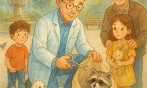 A gentle-looking male veterinarian with round glasses and salt-and-pepper hair kneels by the fountain in a paved urban square, carefully wrapping a beige towel around a small raccoon that has a translucent plastic loop stuck on its paw while he removes it with rounded scissors; to his left an anxious but reassured eight-year-old boy with messy brown hair holds the limp leash of a small curly white dog, and to his right a six-year-old girl in a yellow dress clutching a stuffed rabbit stands with her father whose hand rests comfortingly on her shoulder as pigeons peck nearby and late-afternoon light glints on the fountain.