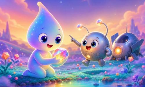Momo, un pequeño extraterrestre en forma de gota luminosa de piel iridiscente y ojos redondos brillantes, se arrodilla junto a un lago arcoíris sosteniendo una piedra brillante con manos translúcidas; a su derecha Zapi, un pequeño extraterrestre redondo con antenas relucientes y coraza metálica suave, salta y señala la piedra mientras detrás se ve una antigua lanzadera espacial plateada averiada entre la niebla; el paisaje es una llanura de hierba turquesa luminosa y flores geométricas rosas, con niebla violeta baja y el lago que refleja todos los colores, ambiente cálido de amistad y descubrimiento, colores vivos y composición centrada en ambos personajes.