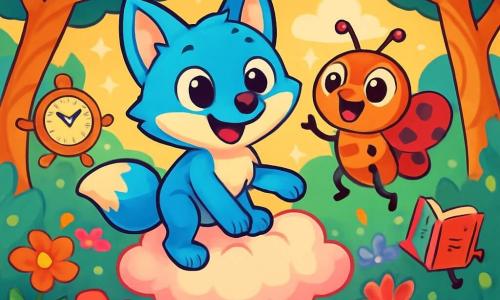 Un pequeño zorro de pelaje brillante color azul celeste, con grandes ojos chispeantes de curiosidad y una amplia sonrisa, flota alegremente sobre una suave nube en forma de algodón de azúcar. A su lado, una adorable tétra con patas juguetonas, adornada con patrones coloridos, exclama con entusiasmo, sus ojos redondos brillando de malicia. El escenario es un claro de bosque mágico, lleno de árboles con troncos en espiral y flores deslumbrantes, donde objetos animados como relojes y libros bailan a su alrededor. La escena muestra a Zapatito y Tetina divirtiéndose juntos, flotando sobre un festival colorido, rodeados de criaturas fantásticas y decoraciones brillantes.
