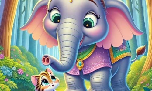 Un elefant pe nume Ema, mare și măreț, cu urechi mari în formă de evantai și ochi strălucitori de curiozitate, stă în centrul scenei, zâmbind cu bunătate în timp ce își folosește trompa pentru a îndepărta ramurile dintr-un tufiș. Lângă el, o pisicuță mică pe nume Mimi, cu blană moale și dungată, cu ochi strălucitori de recunoștință, îl privește pe Ema cu admirație, pregătită să-și recupereze lănțișorul. În fundal, o pădure fermecată se întinde, plină de copaci înalți cu frunze verzi strălucitoare, flori colorate și un raze de soare blând filtrându-se prin ramuri, creând o atmosferă magică. Situația principală arată cum Ema o ajută pe Mimi să se elibereze, ilustrând astfel frumusețea prieteniei și a ajutorului reciproc într-un cadru feeric.