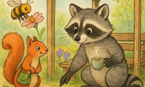 Fynn, ein junger vermenschlichter Waschbär mit runden schelmischen Augen, grauem Fell und klaren schwarzen Streifen, hockt unter einer Holztönnele, greift nach einem kleinen Papier und hält mit der anderen Pfote eine dampfende Teetasse; Mira, ein leuchtend roter Eichhörnchen mit neugierigem Blick und schiefem Lächeln, steht links auf einem Stein, trägt eine kleine Blattsatchel und blickt auf eine blassrosa Blume, auf der eine rund behaarte gelb-schwarze Biene mit goldenen Pollenkörnern sitzt; Ort: ein gemeinschaftlicher Frühlingsgarten mit Erdewegen, violetten und gelben Krokussen, einer Holzpergola mit zarten jungen Blättern und morgendlichem Licht; Szene: ruhiger, aufmerksamer Moment, die beiden Freunde heben ein kleines Stück Müll auf und beobachten die Biene beim Bestäuben.