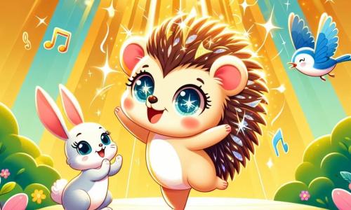 An illustration depicts a small hedgehog with shimmering quills like stars, joyfully dancing at the center of a sunny scene. Its large, bright eyes express confidence and joy, while a radiant smile lights up its face. Nearby, a large-eared rabbit with soft, creamy fur enthusiastically applauds, showing admiration and encouragement. A small bluebird perched on a branch sings cheerfully, its wings spread, conveying a sense of freedom and happiness. The main setting is a lush green meadow, bathed in golden sunlight and dotted with colorful flowers dancing in the breeze. Majestic trees frame the scene, creating a warm and welcoming atmosphere. The focal point shows the determined little hedgehog carried away by the music of nature, dancing gracefully and energetically, surrounded by friends cheering him on. Additional graphic elements include sunbeams filtering through the leaves, butterflies fluttering around, and a gentle breeze causing the grass to sway, adding a touch of magic to this moment of celebration and self-confidence.
