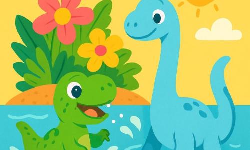 Een Tyrannosaurus Rex genaamd Tim, met glanzende groene huid en nieuwsgierige ogen, zwemt vrolijk in helderblauw water en spettert om zich heen. Naast hem speelt een Diplodocus genaamd Dino, met een lange nek en lichtblauwe huid, terwijl zijn voorpoten zachtjes de bodem raken. Op de achtergrond is een tropisch eiland met grote, kleurrijke bloemen met roze en gele bloemblaadjes die zachtjes in de wind wiegen. De lucht is zonnig met donzige witte wolken. Tim en Dino hebben samen plezier, lachend en spetterend, wat een vrolijke en vriendelijke sfeer creëert.