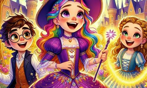 Tina, una giovane strega dai capelli colorati come un arcobaleno, è al centro dell'immagine con un grande sorriso meravigliato. Indossa un vestito viola decorato con stelle scintillanti e tiene una bacchetta magica che emette scintille luminose. Accanto a lei c'è Marco, un ragazzo di 10 anni con i capelli castani arruffati, che ride di gusto con gli occhi pieni di gioia, indossando occhiali rotondi che scivolano sul naso. Luisa, una ragazza di 9 anni con trecce dorate, racconta una barzelletta, ridendo a crepapelle con le guance rosse dall'emozione. La scena si svolge nel giardino incantato dell'Accademia delle Streghe Sorridenti, pieno di fiori colorati che danzano nel vento e grandi alberi con foglie scintillanti. Sullo sfondo, edifici magici con tetti a forma di cappelli da strega si ergono sotto un cielo blu chiaro punteggiato di nuvole soffici. Tina e i suoi amici condividono risate contagiose, circondati da scintille magiche che fluttuano intorno a loro, illustrando l'atmosfera gioiosa e incantevole della loro avventura.