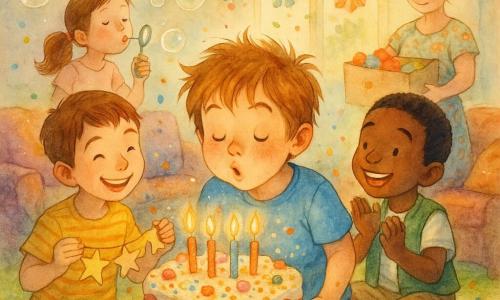 Ci sono 5 personaggi: Tommaso, 8 anni, capelli castano chiaro spettinati, maglietta celeste e pantaloncini di jeans, soffia le otto candeline su una grande fetta di torta in primo piano; Luca, 8 anni, capelli castani corti, camicia a righe gialle, tiene una ghirlanda di stelle di carta e sorride a sinistra di Tommaso; Samir, 8 anni, pelle olivastra, capelli neri corti, gilet verde, applaude a destra di Tommaso vicino alle sue piccole macchinine a rotelle; Lucia, 7 anni, capelli lunghi castani raccolti in coda, vestito rosa pallido, dietro Tommaso soffia bolle di sapone; la mamma di Tommaso, circa 35 anni, capelli biondi raccolti, vestito a fiori, tiene una scatola di decorazioni e osserva i bambini con tenerezza vicino a una finestra. Ambientazione: un piccolo salotto trasformato in 