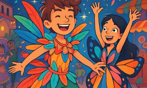 Un niño de 12 años, Joaquín, con cabello castaño desordenado y ojos brillantes de curiosidad, lleva un disfraz de carnaval brillante, adornado con plumas multicolores. Baila alegremente en el centro del escenario, con una amplia sonrisa iluminando su rostro, mientras destellos de luz brillan a su alrededor. A su lado, una niña de su edad, Luna, con largos cabellos negros y un vestido de mariposa de colores vivos, lo anima entusiastamente, con los brazos levantados hacia el cielo. El decorado es una plaza de carnaval vibrante, llena de farolitos de colores, confeti flotante y puestos de golosinas. La situación principal muestra a Joaquín y Luna celebrando la victoria sobre los Sombríos, rodeados de risas y música, encarnando la alegría y la magia del Carnaval Eterno.