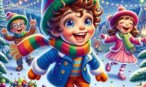Un niño de 5 años, llamado Tomás, con cabello rizado y ojos brillantes, está en el centro de la imagen. Lleva un abrigo azul brillante, un gorro rojo y una bufanda de rayas coloridas. Su rostro está iluminado por una gran sonrisa, expresando una alegría desbordante mientras baila y come uvas. A su lado, Clara, una niña de 6 años con cabello largo y liso, lleva un vestido rosa y botas blancas. Ella ríe imitando los movimientos de Tomás, con los brazos en alto, llena de energía. Otro niño, Miguel, de 5 años, con gafas redondas y un gorro verde, está haciendo malabares con pasteles, riendo a carcajadas. La escena ocurre en una estación de esquí mágica, donde copos de nieve caen suavemente, pinos nevados rodean la fiesta y luces coloridas brillan a su alrededor, creando una atmósfera festiva. La situación principal muestra a Tomás y sus amigos celebrando el Año Nuevo, bailando alegremente, contando hacia atrás antes del nuevo año, mientras degustan uvas y se divierten juntos bajo un cielo estrellado iluminado por fuegos artificiales brillantes.