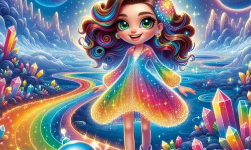 Eine junge Frau namens Lira mit langen, lockigen Haaren und strahlend grünen Augen steht lächelnd im Mittelpunkt des Bildes. Sie trägt einen wunderschönen, schimmernden Mantel in Regenbogenfarben, der im Sternenlicht glänzt. Neben ihr schwebt ein kleiner, runder, blauer Roboter namens Fizz mit leuchtenden Augen und einem fröhlichen Lächeln, der der Szene einen Hauch von Magie verleiht. Im Hintergrund entfaltet sich eine fantastische Landschaft eines bunten Universums mit riesigen, leuchtenden Planeten, silbernen Lichtflüssen und funkelnden Kristallbergen unter einem sternenklaren Himmel. Lira und Fizz stehen vor einem großen, leuchtenden Portal, das mit strahlenden Farben wirbelt und den Eingang zum geheimnisvollen Königreich der Sterne symbolisiert. Sie sind bereit für ein magisches Abenteuer voller Entdeckungen und Freude.
