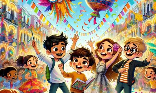En una calle animada de la ciudad de Colorín, cuatro amigos están juntos, rodeados de colores brillantes y decoraciones festivas. Lucas, un niño de ocho años con cabello castaño alborotado y una sonrisa radiante, lleva una máscara colorida y baila alegremente en el centro de la imagen. A su derecha, Sofía, una niña de cabello largo y rubio, vestida con un vestido brillante, crea disfraces imaginarios con plumas y purpurina que flotan a su alrededor. A la izquierda, Mateo, un niño travieso de cabello negro, hace reír a un grupo de niños con una mueca divertida, mientras que Diego, un niño con gafas redondas y cabello castaño, escucha atentamente las historias de los transeúntes, con un cuaderno en la mano. El decorado está lleno de carros coloridos, guirnaldas luminosas y confeti que vuela en el aire, creando una atmósfera festiva y alegre. El cielo es de un azul brillante y el sol brilla sobre esta escena mágica. La situación principal muestra a los amigos, unidos por la magia del carnaval, compartiendo risas y alegría, mientras la música resuena a su alrededor, ilustrando el espíritu de amistad y fiesta que reina en la ciudad.