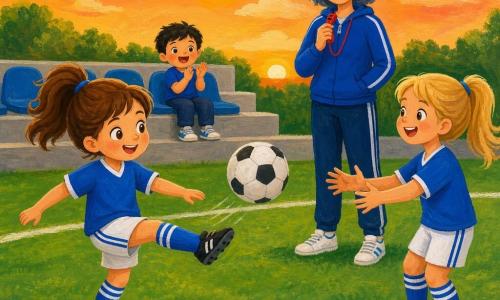 Una niña llamada Luna, sonriente y concentrada, con coleta castaña, lleva camiseta azul, pantalones cortos blancos y calcetines a rayas; controla suavemente un balón de fútbol con el pie izquierdo y da una pase tierno mientras otra niña rubia de unos 8 años, riendo, se prepara a recibirlo; un niño de unos 4 años en las gradas aplaude y la entrenadora de unos 35 años, con pelo corto grisazul y un silbato rojo, observa sonriendo; césped verde bien cuidado, flores amarillas al borde y cielo al atardecer naranja, ambiente cálido, colores saturados y formas simples para niños pequeños.