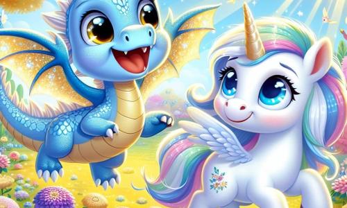 En un jardín encantado, un pequeño dragón llamado Lila, con escamas azul claro brillantes como el cielo, vuela alegremente en el aire, sus ojos chispeantes de curiosidad y emoción. Sonríe ampliamente, sus alas translúcidas brillan bajo el sol. Junto a ella, un adorable unicornio llamado Estrella, con pelaje blanco brillante y melena de arcoíris, trota con entusiasmo, sus ojos brillando de felicidad. Ella levanta la cabeza hacia Lila, animando a su amiga con una mirada cómplice. El jardín está lleno de flores coloridas, árboles majestuosos con hojas doradas, y un suave rayo de sol ilumina la escena, creando una atmósfera mágica. Lila y Estrella están listas para ayudar a un pequeño pájaro que ha caído de su nido, preparándose para desplegar sus alas y unir fuerzas en esta hermosa misión.