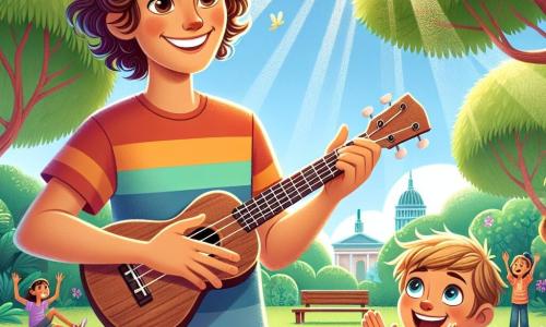 Um jovem chamado João, sorridente e entusiasmado, toca ukulele em um parque ensolarado. Ele tem cabelos castanhos e cacheados, usa uma camiseta colorida e um short jeans, e seus olhos brilham de alegria enquanto cria uma melodia alegre. Ao seu lado, Pedrinho, um garoto de 8 anos, com cabelos loiros e olhos brilhantes, aplaude entusiasticamente. Ele veste uma camiseta listrada e um short, e está de pé, com os braços levantados, pronto para cantar. O parque é verdejante, com árvores majestosas, flores coloridas e um céu azul radiante. Crianças brincam ao fundo, e um pequeno banco de madeira é visível perto deles. João e Pedrinho estão criando uma canção juntos, cheios de energia e criatividade, compartilhando um momento mágico de música e amizade sob o sol radiante.
