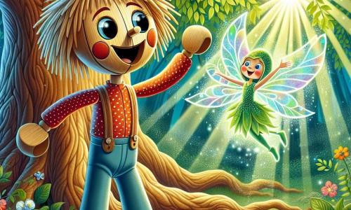 Pinocchio, un piccolo burattino di legno, con un sorriso gioioso e occhi scintillanti di curiosità, si trova al centro della scena. Ha capelli di paglia, un naso leggermente allungato e indossa una camicia rossa a pois bianchi e pantaloni blu. Sta danzando felicemente, con le braccia alzate, circondato da foglie verdi scintillanti. Accanto a lui, Lumina, un piccolo folletto luminoso, fluttua nell'aria. Ha ali trasparenti che brillano di mille colori e il suo viso è radioso di gioia. Vola intorno a Pinocchio, incoraggiandolo a giocare. Sullo sfondo, l'Albero della Saggezza, un albero maestoso con radici spesse e un tronco nodoso, si erge verso il cielo. I suoi rami sono carichi di foglie verdi brillanti e i raggi di sole filtrano attraverso il fogliame, creando un'atmosfera magica. La scena si svolge in una radura incantata, circondata da fiori colorati e animali curiosi che osservano con interesse. Pinocchio e Lumina celebrano la bellezza della natura, danzando e ridendo insieme, mentre gli alberi malati ricominciano a ritrovare il loro splendore grazie alla loro determinazione a proteggere l'ambiente.