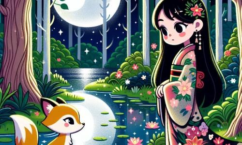 Aiko, młoda kobieta w wieku około 20 lat, stoi nad magicznym jeziorem, jej długie czarne włosy delikatnie powiewają na wietrze. Ma na sobie tradycyjny kimono w kolorowe kwiatowe wzory, a jej twarz wyraża determinację połączoną z ciekawością. Jej oczy błyszczą zachwytem, gdy obserwuje lśniącą powierzchnię wody. W pobliżu, stary złoty lis, mądry duch lasu, stoi na kamieniu, jego figlarne i mądre oczy są skierowane na Aiko. Wydaje się gotowy, by udzielić jej rad, jego futro lśni w blasku księżyca. Miejsce to zaczarowana polana, otoczona majestatycznymi drzewami o grubych pniach i jaskrawozielonych liściach. Światło księżyca odbija się w jeziorze, tworząc srebrzyste refleksy tańczące na spokojnej wodzie. Kolorowe kwiaty lotosu unoszą się z gracją na jeziorze, dodając magii do sceny. Aiko, stojąc nad jeziorem, zamyka oczy i słucha delikatnego i melodyjnego głosu wody, gotowa odkryć prawdę o swoich najgłębszych pragnieniach.