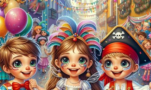 Osiemletnia dziewczynka Zosia z długimi brązowymi włosami i błyszczącymi oczami nosi kolorowy strój klauna w paski z pomponami. Uśmiecha się z zachwytem, trzymając w rękach dużą maskę ozdobioną cekinami i piórami. Obok niej Antek, dziewięcioletni chłopiec przebrany za pirata, z czerwoną chustą i w paskowanej koszuli, dzierży tekturę w kształcie miecza, szeroko się uśmiechając. Tuż za nimi Ola, ośmioletnia dziewczynka w błyszczącej sukience wróżki, rzuca brokat w powietrze, a jej świecące skrzydła łapią światło. Scena rozgrywa się na ruchliwej ulicy małego miasteczka, udekorowanej kolorowymi girlandami, unoszącymi się balonami i zawieszonymi maskami. Budynki są pomalowane w jaskrawych kolorach, a grupy ludzi w kostiumach tańczą i śmieją się wokół nich. Główna sytuacja pokazuje Zosię, Antka i Olę odkrywających dużą głowę smoka z papier mache, która kryje tajne wejście do skarbu masek i dekoracji karnawałowych, podczas gdy wykrzykują radośnie i z ekscytacją.
